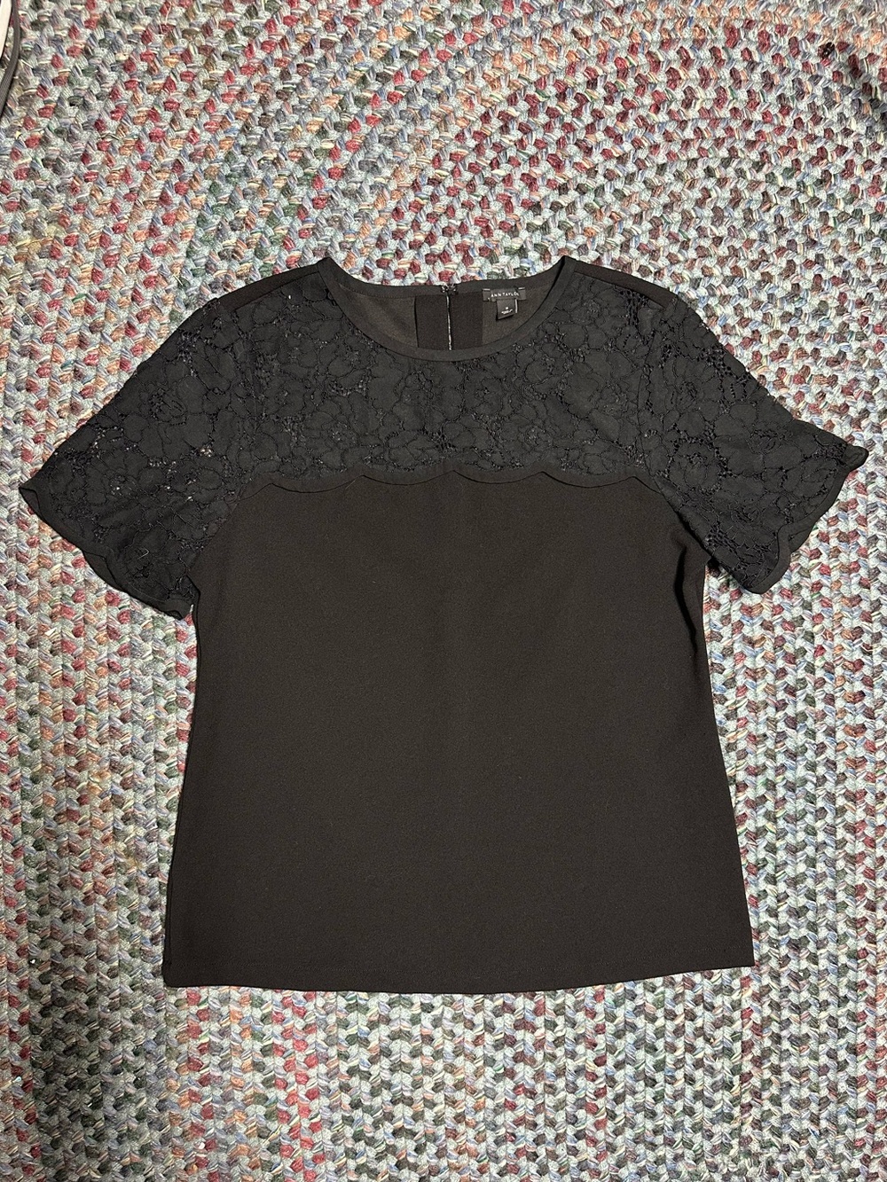 Ann Taylor Black Lace Yoke Short Sleeve Blouse